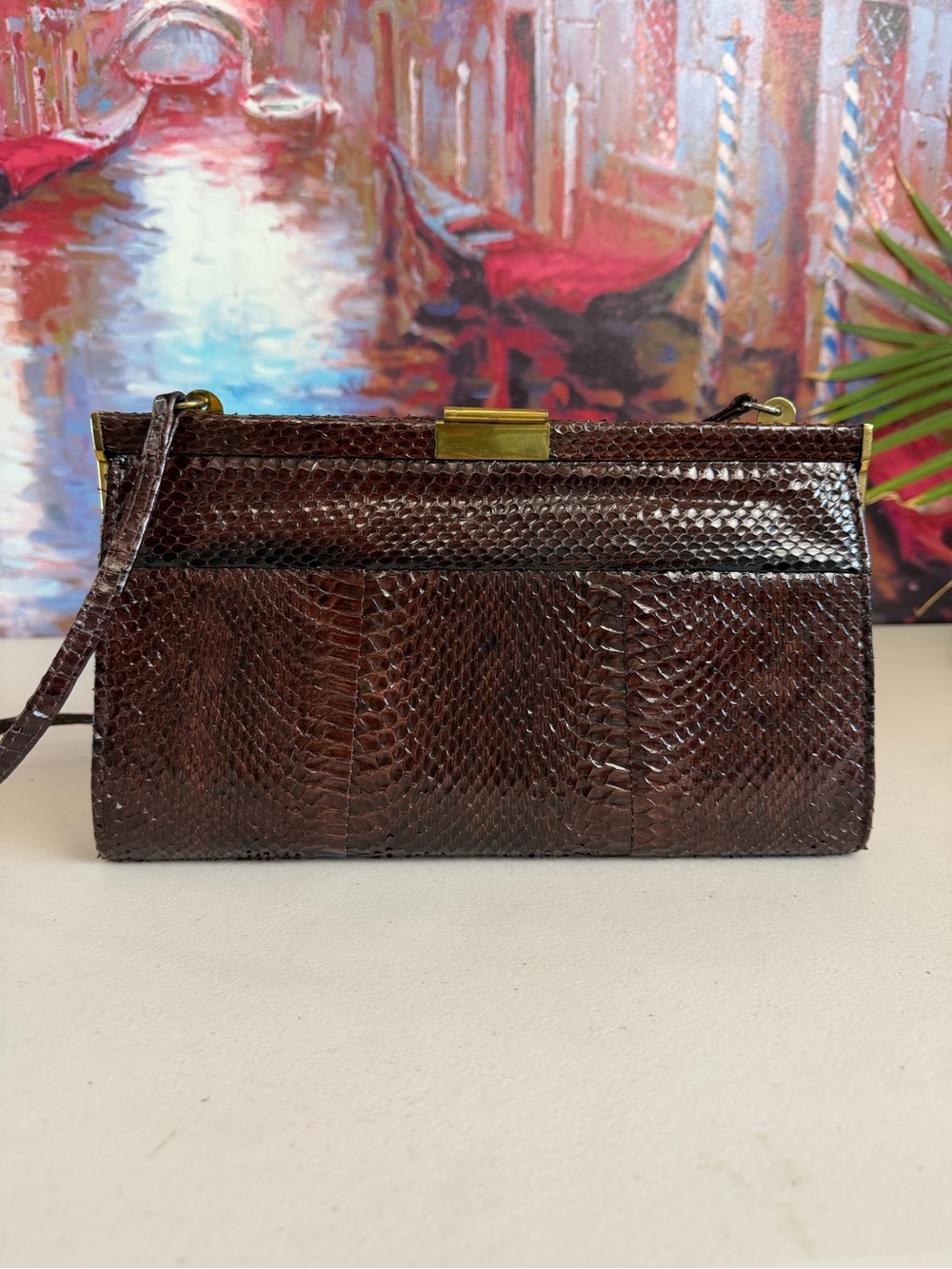 Vintage Genuine Snakeskin Brown Frame Clutch Shoulder Bag